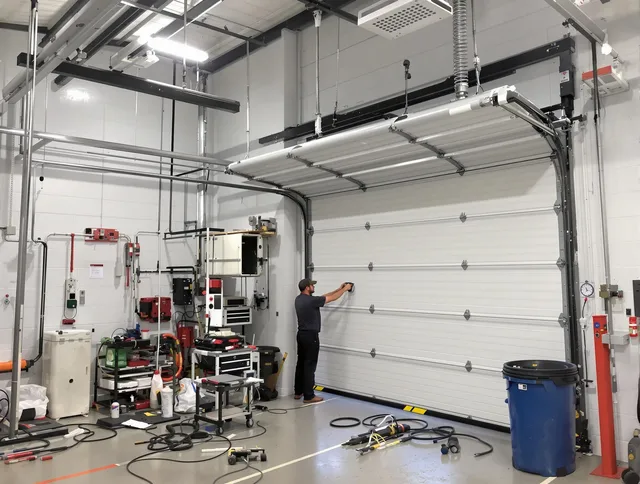 Huntersville Garage Door Repair certified technician performing commercial door repair at a Huntersville business facility