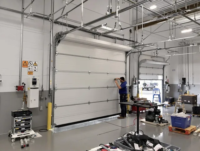 Commercial garage door repair being performed by Huntersville Garage Door Repair expert in Huntersville