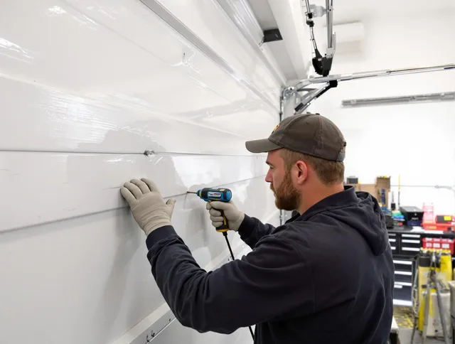 Huntersville Garage Door Repair technician demonstrating precision dent removal techniques on a Huntersville garage door