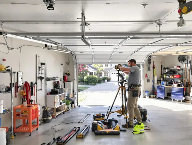 Huntersville Garage Door Repair specialist performing laser-guided track alignment in Huntersville